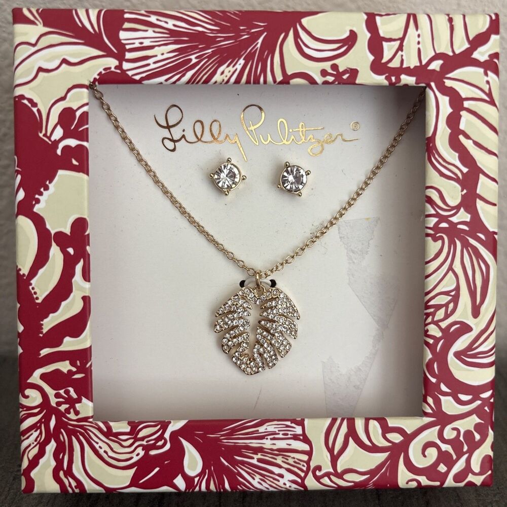 Lilly Pulitzer Palm Leaf Necklace & Stud Earrings Gift Set Gold Tone NEW